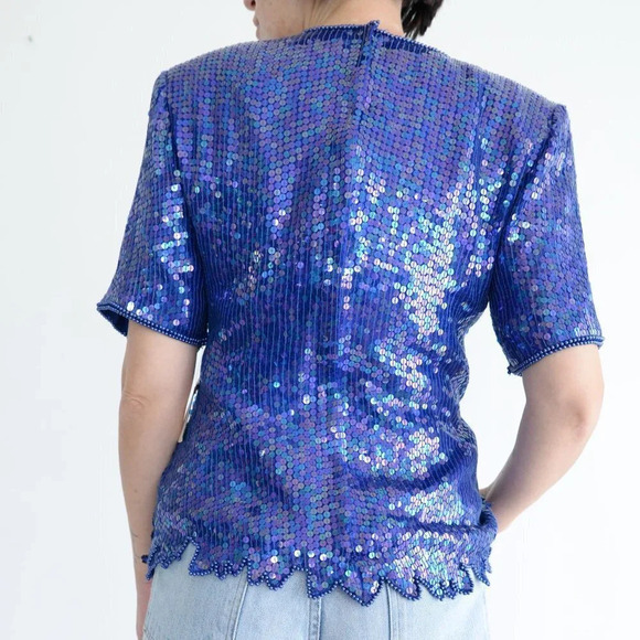 Vintage Lord & Taylor Purple 100% Silk Deadstock Sequins Short Sleeve Blouse M - Picture 4 of 15